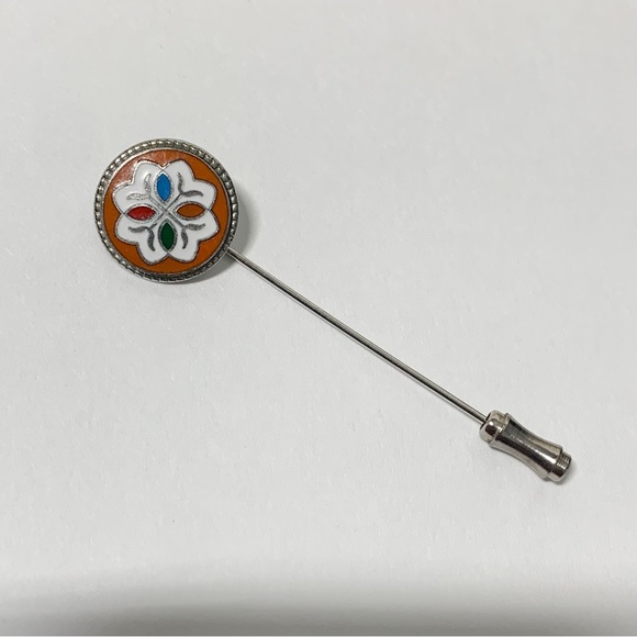 Vintage enamel abstract flower stick pin silver blue green orange - Picture 5 of 7